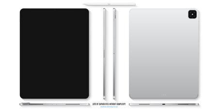 tablet silver color with black touch screen saver and stylus top view isolated on white background. flat lay realistic and detailed device mockup. stock vector illustrationのイラスト素材