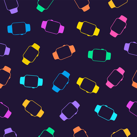seamless pattern of colored smartwatch icons in glyph design style isolated on purple background. modern colorful wallpaper with clocks for decoration. stock vector Illustrationのイラスト素材