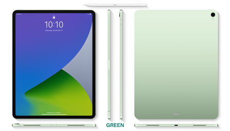 tablet green color with colorful touch screen saver and stylus top view isolated on white background. flat lay mockup of realistic and detailed device. stock vector illustrationのイラスト素材
