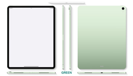 tablet green color with blank touch screen saver and stylus top view isolated on white background. flat lay mockup of realistic and detailed device. stock vector illustrationのイラスト素材