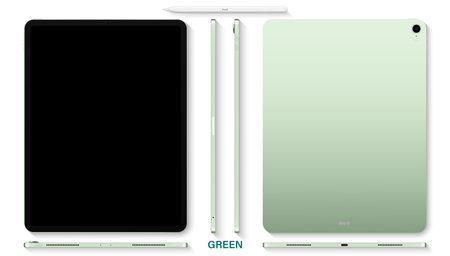 tablet green color with black touch screen saver and stylus top view isolated on white background. flat lay mockup of realistic and detailed device. stock vector illustrationのイラスト素材