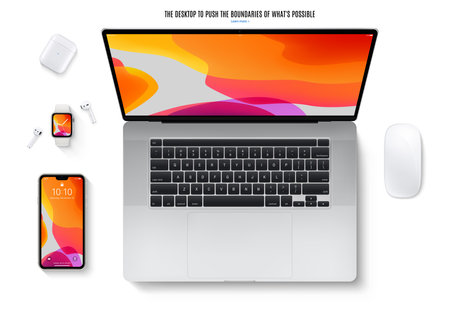 open laptop with smartphone, mouse, smartwatch and headphones top view isolated on white background. flat lay detailed and realistic devices mockup. stock vector illustrationのイラスト素材