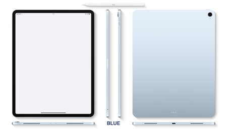blue color tablet with blank touch screen saver and stylus flat lay isolated on white background. top view mockup of realistic and detailed device with shadow. stock vector illustrationのイラスト素材