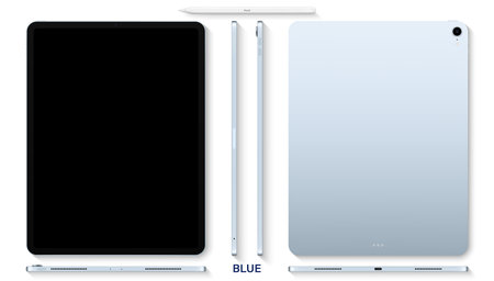 tablet blue color with black touch screen saver and stylus flat lay isolated on white background. top view mockup of realistic and detailed device with shadow. stock vector illustrationのイラスト素材