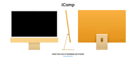 computer monitor yellow color with black screen saver front, back and side view isolated on white background. realistic and detailed mockup of display for system unit. stock vector illustrationのイラスト素材