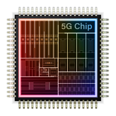 microchip 5G with scheme for board on white background. realistic chip black color with shadow. vector illustrationのイラスト素材
