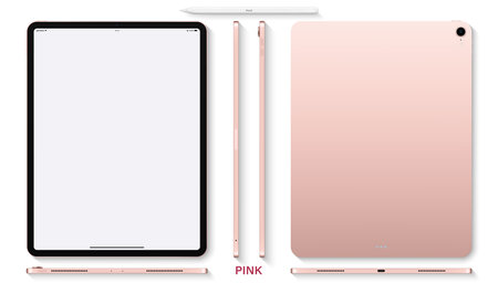 tablet pink color with blank touch screen saver and stylus top view isolated on white background. flat lay mockup of realistic and detailed device. stock vector illustrationのイラスト素材