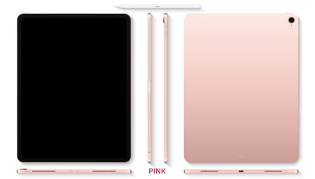 tablet pink color with black touch screen saver and stylus top view isolated on white background. flat lay mockup of realistic and detailed device. stock vector illustrationのイラスト素材