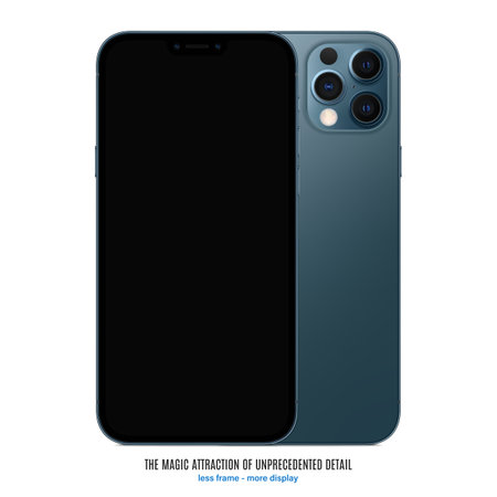smartphone frameless blue color with black screen saver front and backside view isolated on white background. mockup of realistic and detailed new mobile phone with shadow. stock vector illustrationのイラスト素材