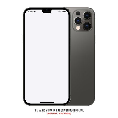 smartphone frameless gray color with blank screen saver front and backside view isolated on white background. mockup of realistic and detailed new mobile phone with shadow. stock vector illustrationのイラスト素材