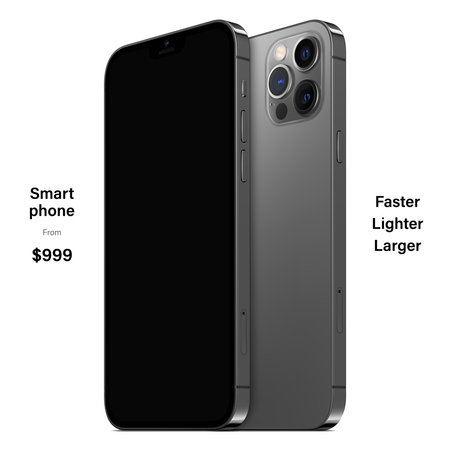 smartphone frameless gray color with black screen saver front and backside view isolated on white background. mockup of realistic new mobile phone with shadow. vector 3d isometric illustrationのイラスト素材