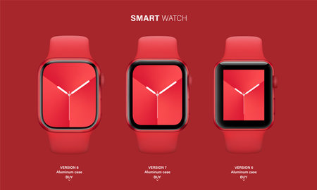 smart watch set in an aluminum case with silicone band isolated on red background. front view gray wrist clock with touch screen and sports strap. stock vector illustrationのイラスト素材