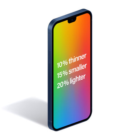 smartphone frameless blue color with colored screen saver isolated on white background. mockup of realistic and detailed new mobile phone with shadow. vector 3d isometric illustrationのイラスト素材