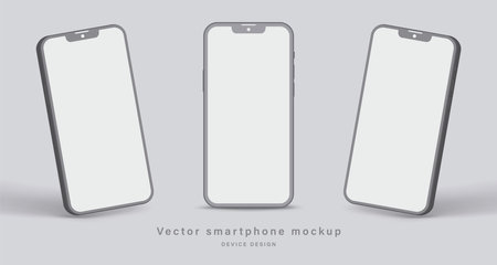 smartphone clay mockup with blank screen in different angles view isolated on gray background. minimalist mobile phone with shadow for application design presentation. vector 3d isometric illustrationのイラスト素材