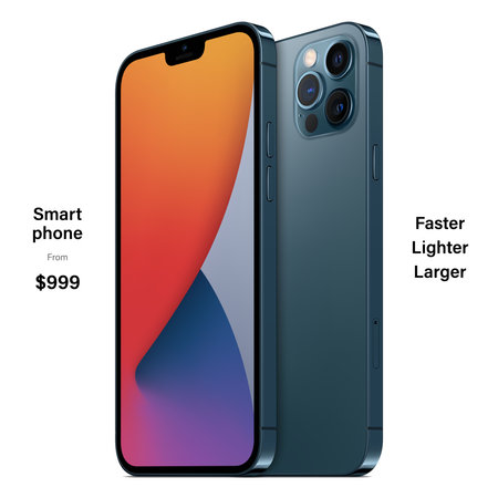 smartphone frameless blue color with colored screen saver front and backside view isolated on white background. mockup of realistic new mobile phone with shadow. vector 3d isometric illustrationのイラスト素材