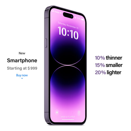 new frameless smartphone purple color with colorful screen saver isolated on white background. mockup of realistic and detailed mobile phone with shadow. vector 3d isometric illustrationのイラスト素材