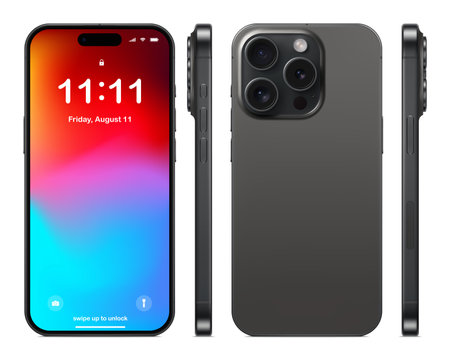 new frameless smartphone gray color with colorful screen saver, front, back and side view, isolated on white background. mockup of realistic and detailed mobile phone with shadow. vector illustrationのイラスト素材