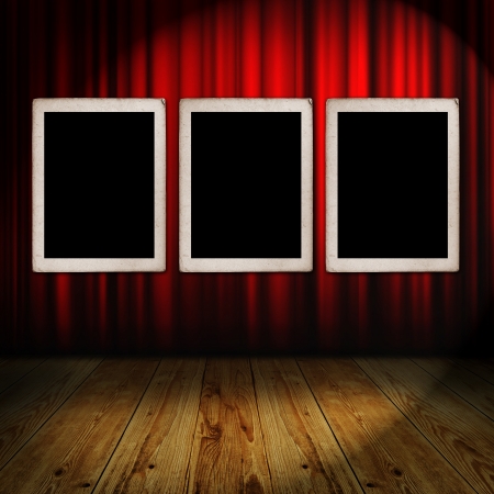 red curtain with vintage framesの写真素材
