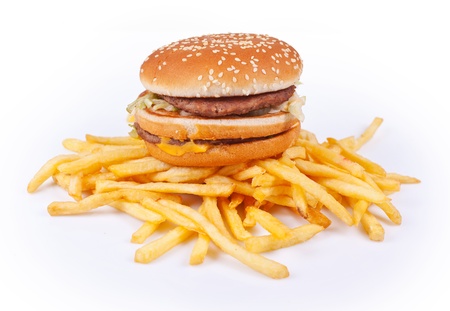 Hamburger and french fries on white backgroundの写真素材