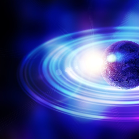 planet with concentric rings in open spaceの写真素材