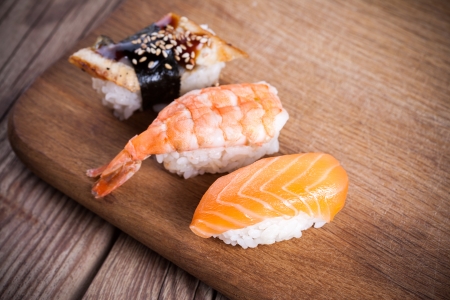 fresh sushi on wooden backgroundの写真素材