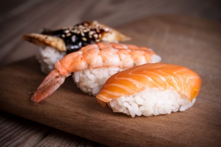 fresh sushi on wooden backgroundの写真素材