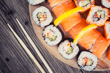 Maki Sushi set on wooden backgroundの写真素材