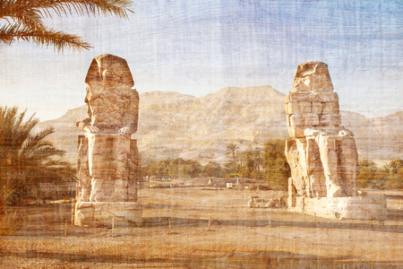 Colossi of Memnon on papyrus backgroundの写真素材