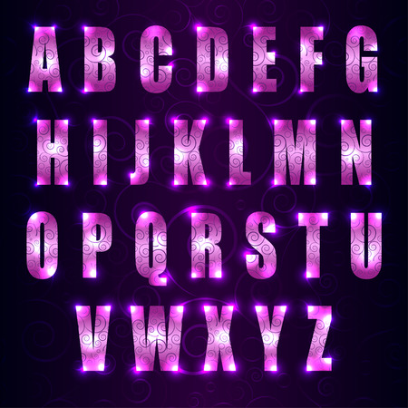 vector glowing font with swirls on dark purple background. EPSのイラスト素材