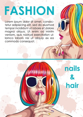 vector beauty salon card with woman wearing colorful wigのイラスト素材