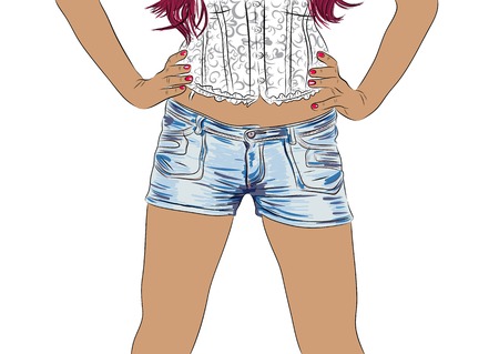vector illustration of woman wearing jeans shorts and corsetのイラスト素材
