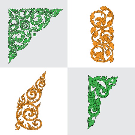 vector set of traditional orange and green Thai ornamentsのイラスト素材
