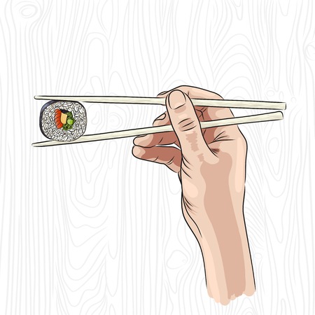 vector illustration of a hand holding sushi roll with chopsticks. EPSのイラスト素材