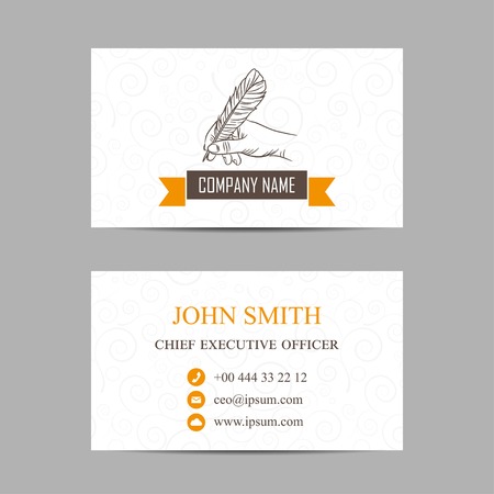 vector template of a business card with hand holding feather. EPSのイラスト素材