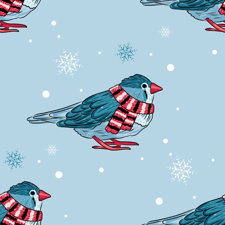 vector seamless background with cute warm dressed bird. EPSのイラスト素材