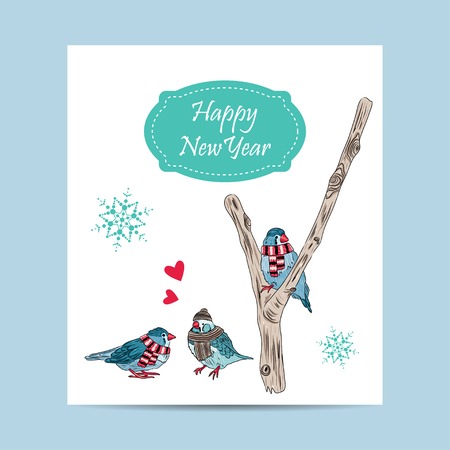 vector card with cute birds warm dressed in winter season. EPSのイラスト素材