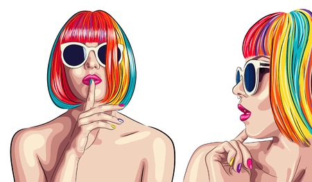 vector beautiful woman wearing colorful wig and white sunglasses. EPSのイラスト素材