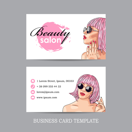 Beauty salon card with woman wearing pink wig.のイラスト素材