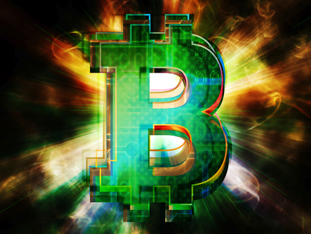 Bitcoin on a abstract digital backgroundの写真素材