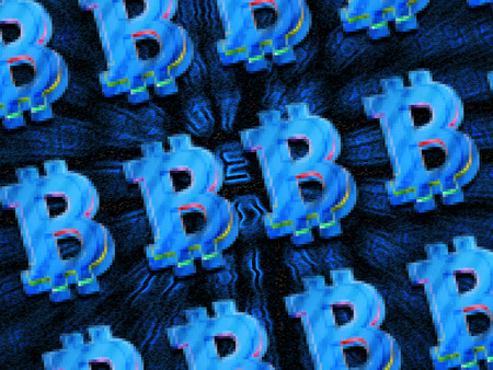 Bitcoin on a abstract digital backgroundの写真素材