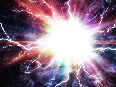 Electric flash of lightning on a blue backgroundの写真素材
