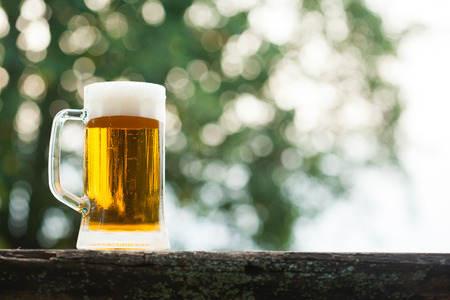 One glass of the light beer on the wooden table in the garden