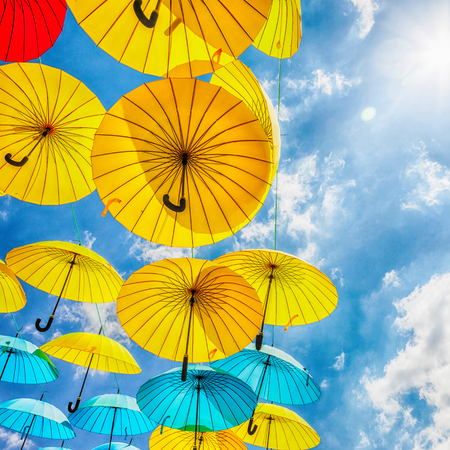 Background colorful umbrella street decorationの写真素材