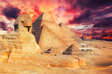 Egypt Cairo - Giza. General view of pyramids with Sphinxの写真素材