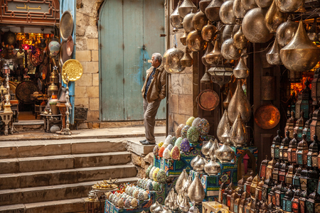 Cairo, Egypt - Feb 02 2019: Lamp or Lantern Shop in the Khan El Khalili market in Islamic Cairoのeditorial素材