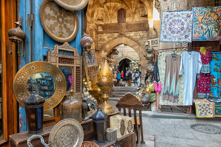 Cairo, Egypt - Feb 02 2019: Lamp or Lantern Shop in the Khan El Khalili market in Islamic Cairoのeditorial素材