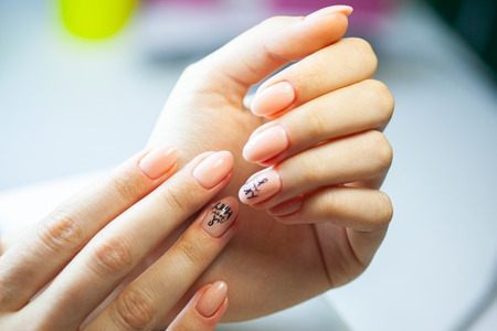 Female soft hands with beautiful manicureの写真素材