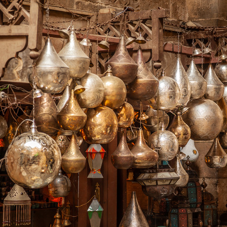 Cairo, Egypt - Feb 02 2019: Lamp or Lantern Shop in the Khan El Khalili market in Islamic Cairoのeditorial素材