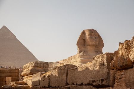 The Great Sphinx and the Pyramid of Kufu, Giza, Egyptの写真素材