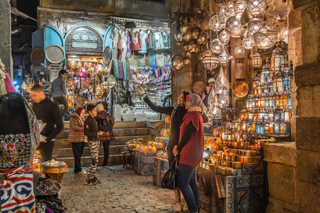 Cairo, Egypt - Feb 02 2019: Lamp or Lantern Shop in the Khan El Khalili market in Islamic Cairoのeditorial素材